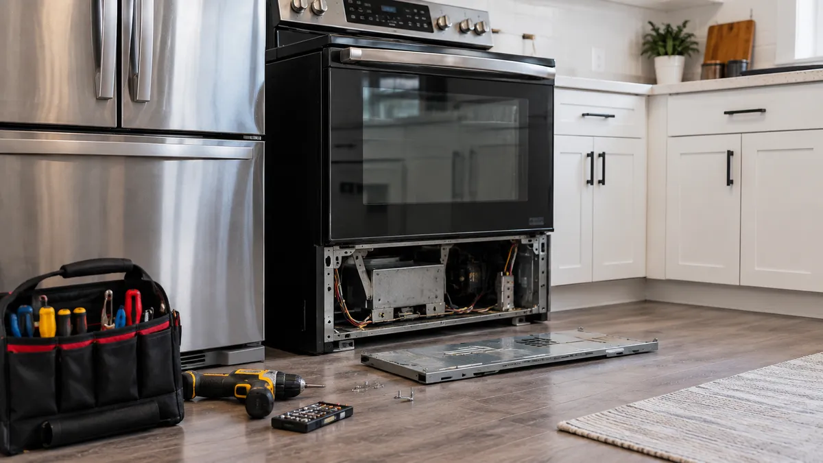 Appliance repair service expert checking parts